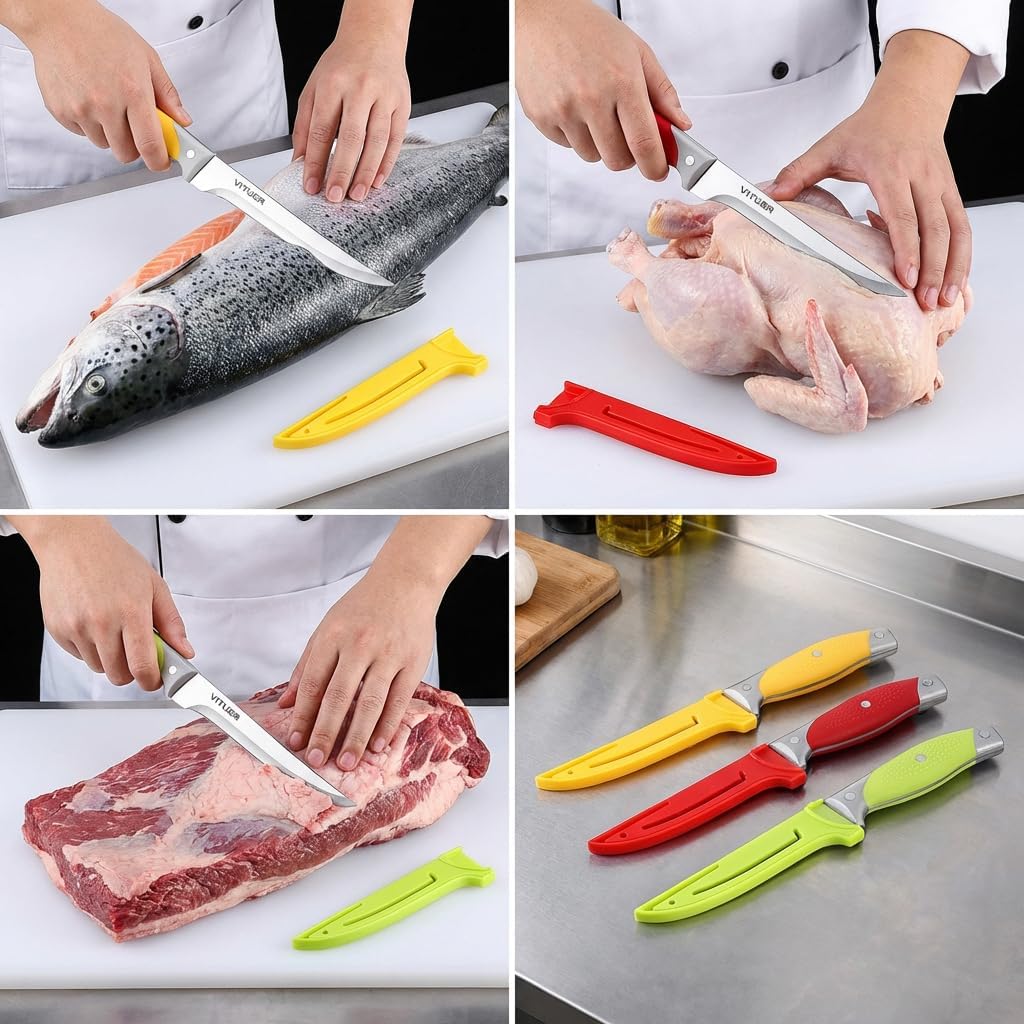 Boning Knife, 6PCS Fillet Knives (3PCS Filet Knives and 3PCS Knife Cover), 6 Inch Curved Boning Knife for Meat, Fish
