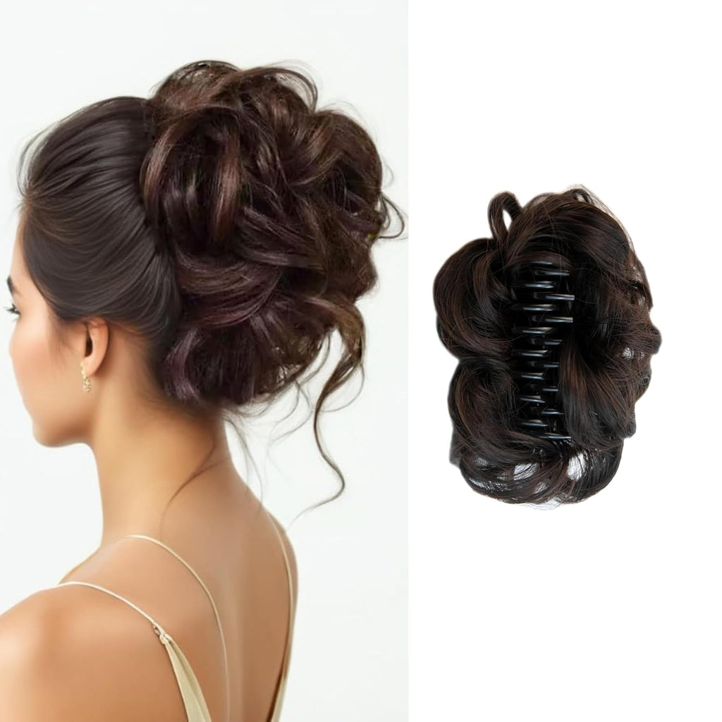 Curly Wavy Messy Bun Hair piece Easy Updo Extensions Claw Clips for Women Girls Dark Brown, Natural Fake Wig Tie