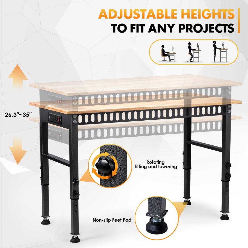48" Adjustable Workbench, Work Table with Foot Pads & Power Outlet