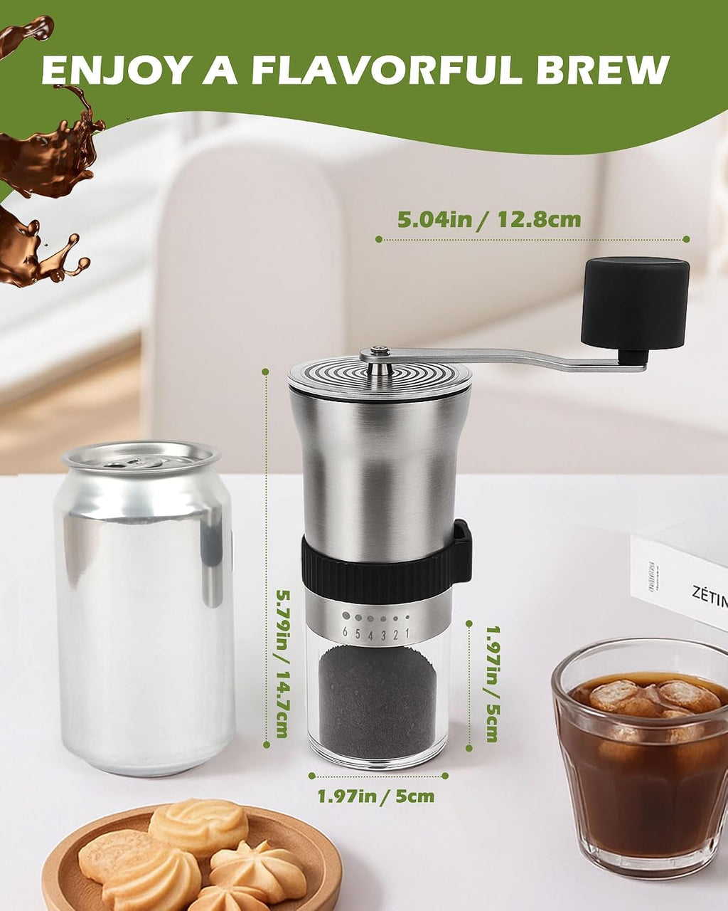 Manual Coffee Grinder with Stainless Steel Burr - 1.12oz Capacity Handheld Mill for Espresso, Drip, Cold Brew with 6