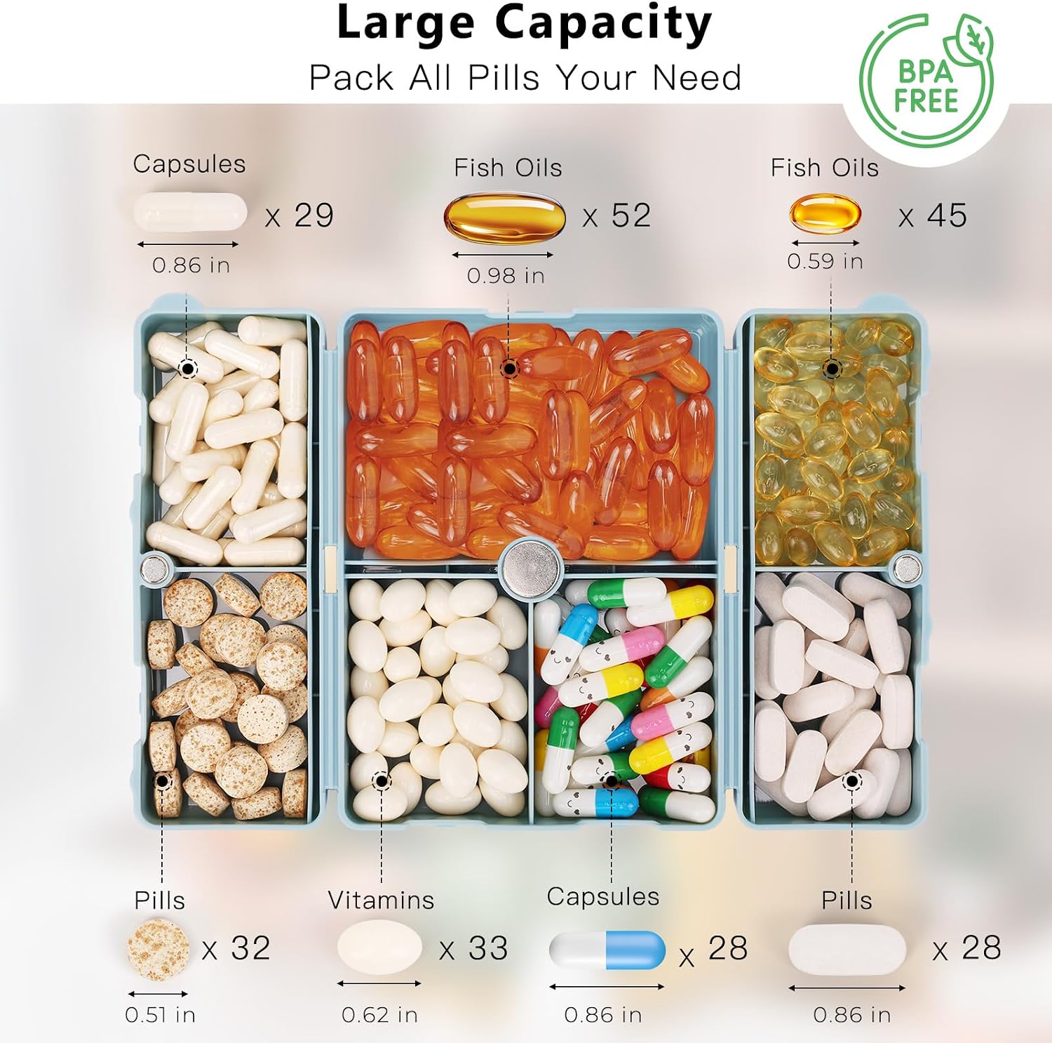 Daily Pill Organizer,7 Compartments Portable Travel Pill Case/Box for Purse Pocket to Hold Vitamins,Cod Liver
