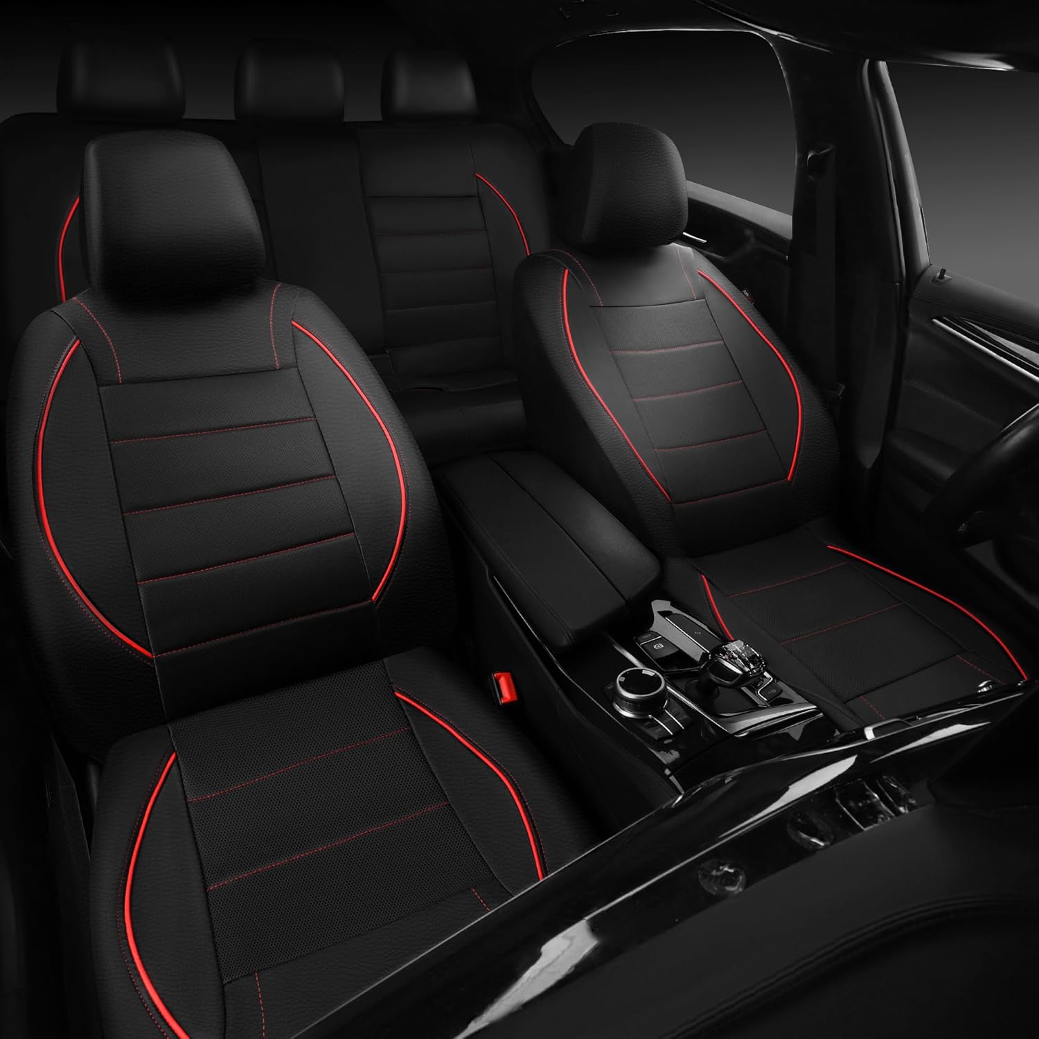 Universal FIT Piping Leather Two Front Seat Covers, Waterproof Faux Leather for SUV Sedan Van Truck, Airbag