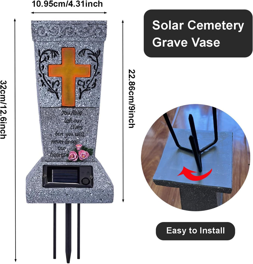 Solar Cemetery Vase with LED for Fresh/Artificial Flowers, Cemetery Flowers Vase with Spikes, Headstone Decorations
