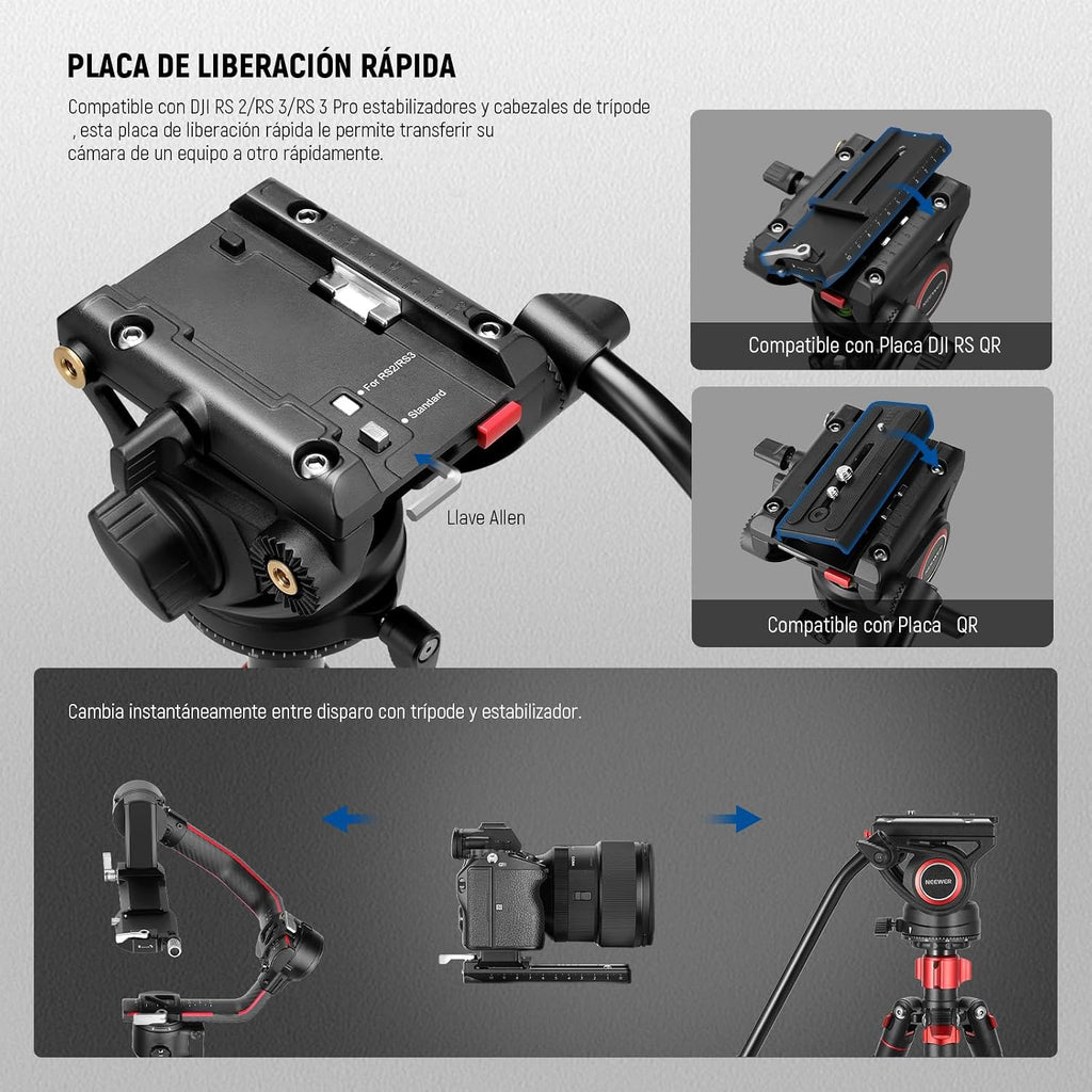 72" Fluid Head Video Tripod Monopod, Aluminum Alloy QR Plate Compatible with DJI RS Gimbal, 360° Pan & +90°/-70° Tilt