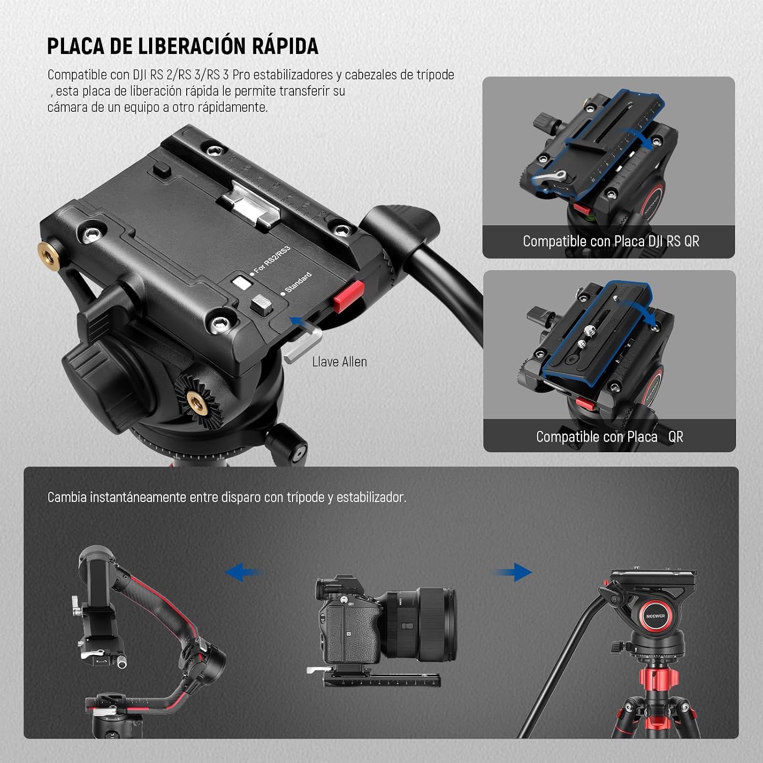 72" Fluid Head Video Tripod Monopod, Aluminum Alloy QR Plate Compatible with DJI RS Gimbal, 360° Pan & +90°/-70° Tilt