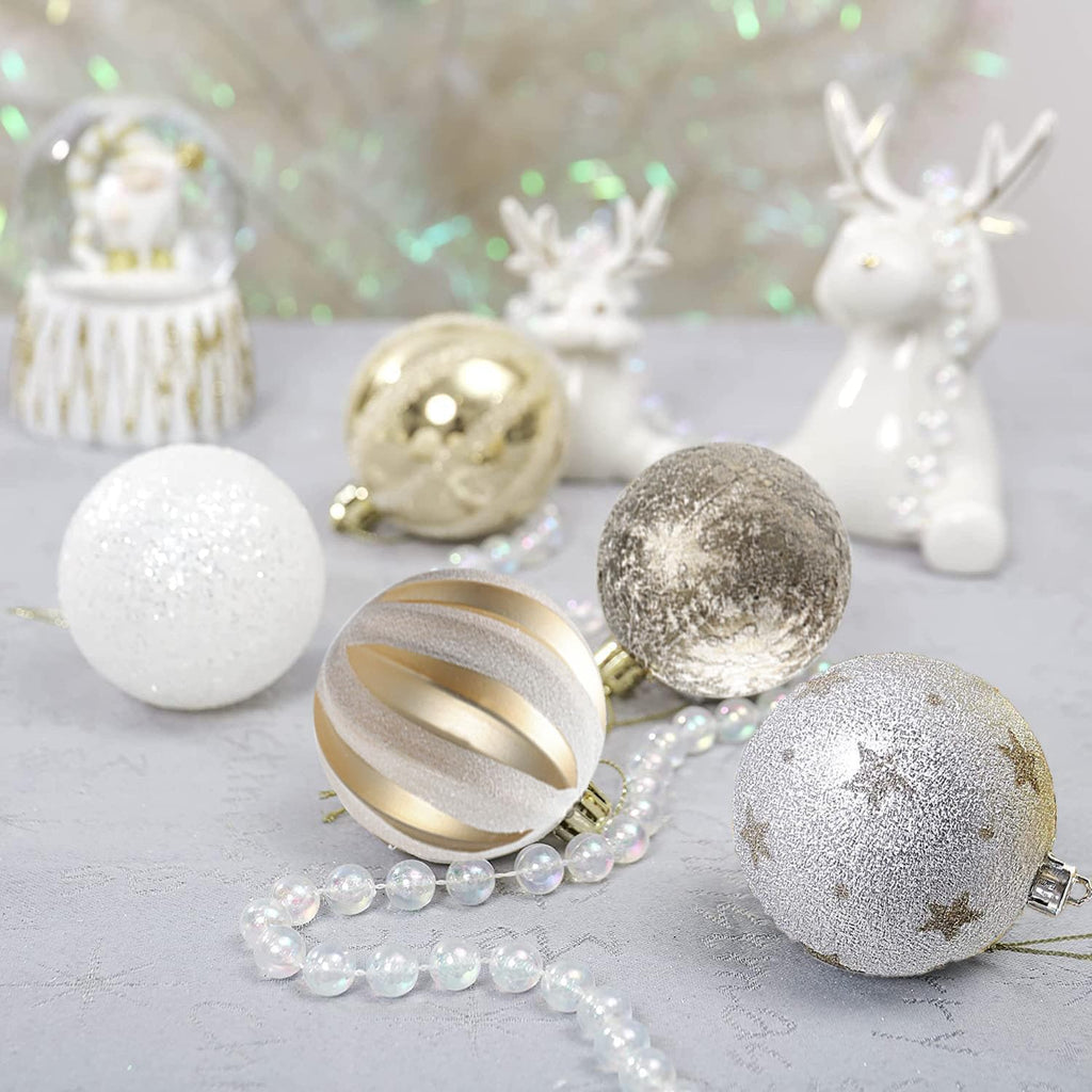 Christmas Ball Ornaments Set, 20ct 60mm Elegant White and Gold Assorted Christmas Tree Decorations, Shatterproof