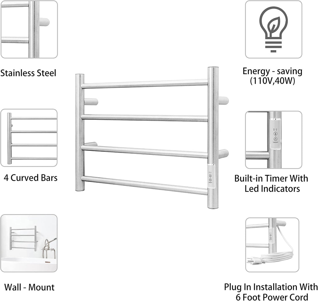 Towel Warmer Wall Mounted with Built-in Timer 4 Bars Electric Stainless Steel Heated Towel Racks for Bathroom, Hot