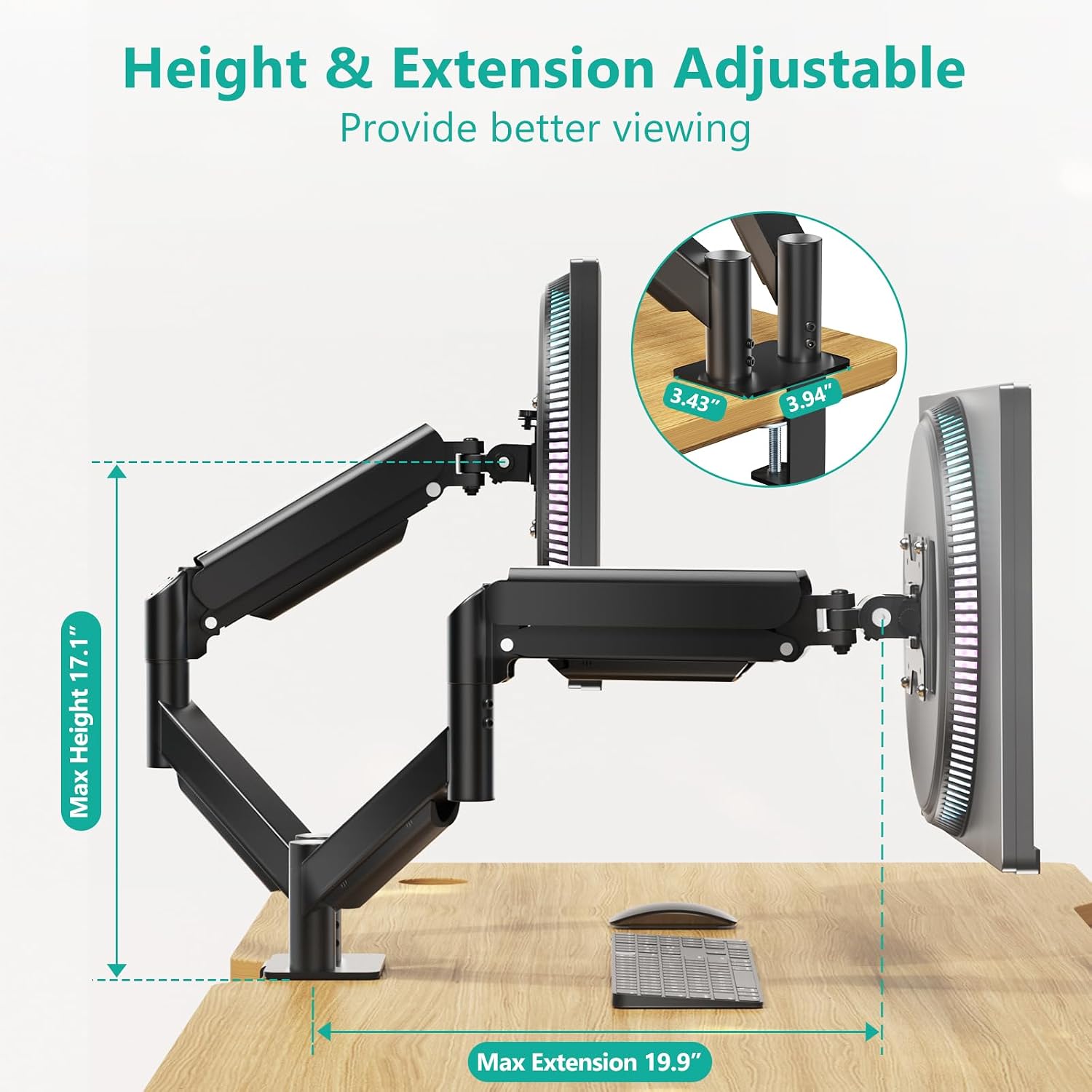 Adjustable Dual Monitor Arm for 13-27 inch Screens, 19.8 lbs per Arm | Dual Monitor Desk Mount, Full Motion with
