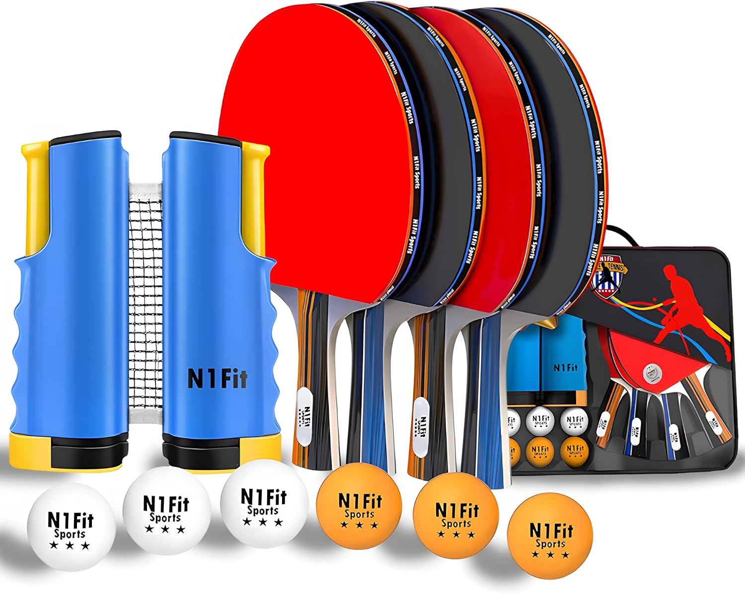 Ping Pong Paddle Set - 4 Professional Rackets, Retractable Net, 6 Pig Pong Balls, Carry Case - Indoor and Outdoor