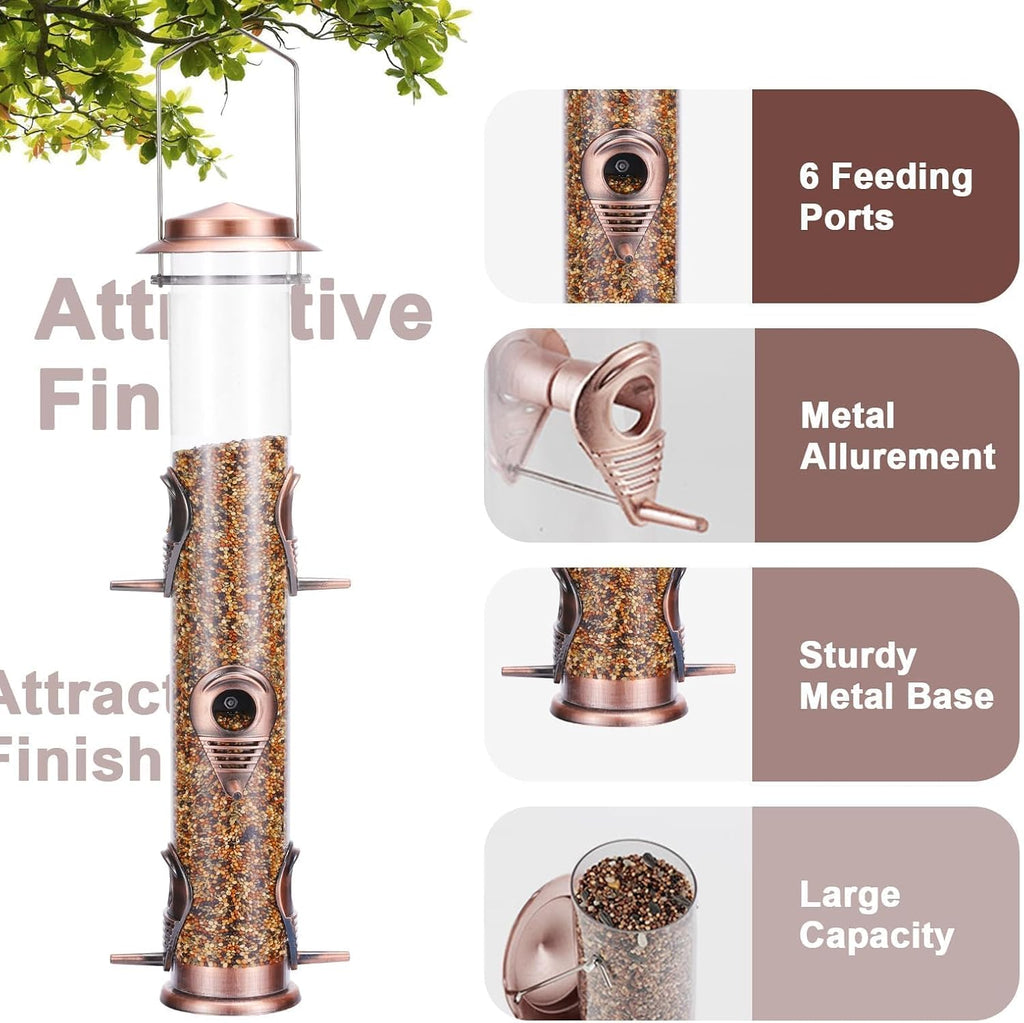 Metal Tube Bird Feeders for Outdoors - 6 Ports Hanging Feeder Attracts Wild Birds in Your Lawn, Garden, Balcony