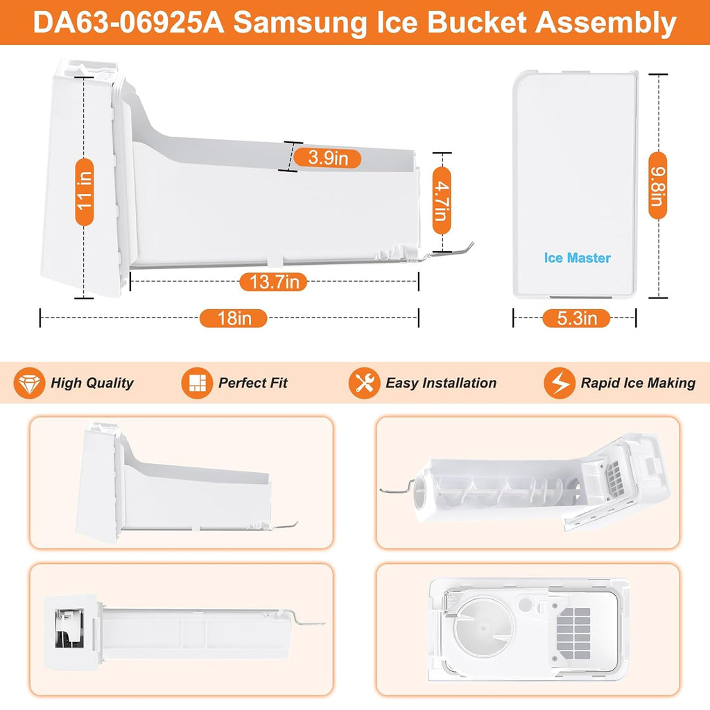 Upgraded DA63-06925A Refrigerator Ice Bucket DA97-12604D Ice Maker Compatible with Samsung Ice Bucket Replacement DA63-06925Ax002 Ice Tray Ice Container RF32FMQDBSR RF28R6201DT RF28K9380SR Ice Bin