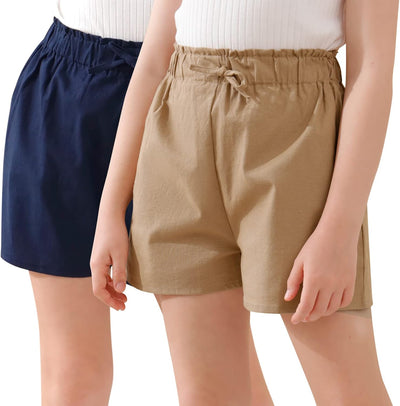 2 Pack Girls Paper Bag Elastic Waist Frilly Trim Linen Twill Casual Shorts with Pockets for 4-14T