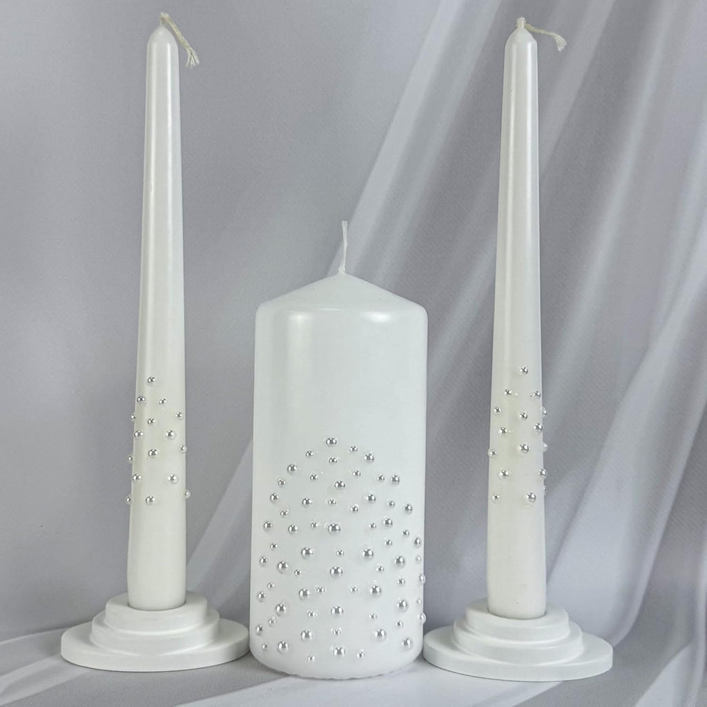 Pearl Cascade Unity Candle Set for Wedding Ceremony & Reception, White Unity Candles 6” Pillar & Two 10” Taper