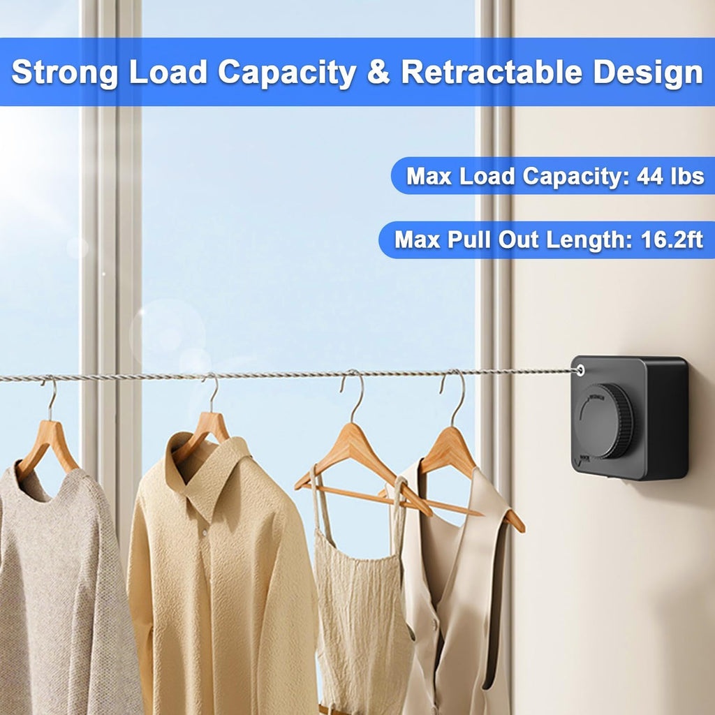 Retractable Clothesline Indoor Outdoor 16.2Ft Non-Sag(1, Black) | Stainless Steel Heavy Duty Design Laundry Wash Line
