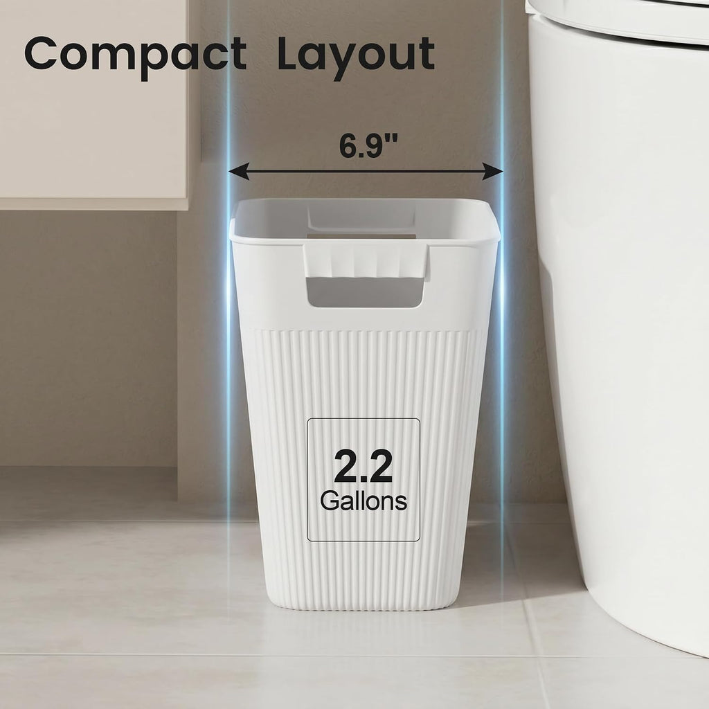 Slim Trash Can 3-Pack, 2.2 Gallon Plastic Wastebasket for Bathroom, Bedroom, Office, Kitchen with 4 Rolls Bags, White
