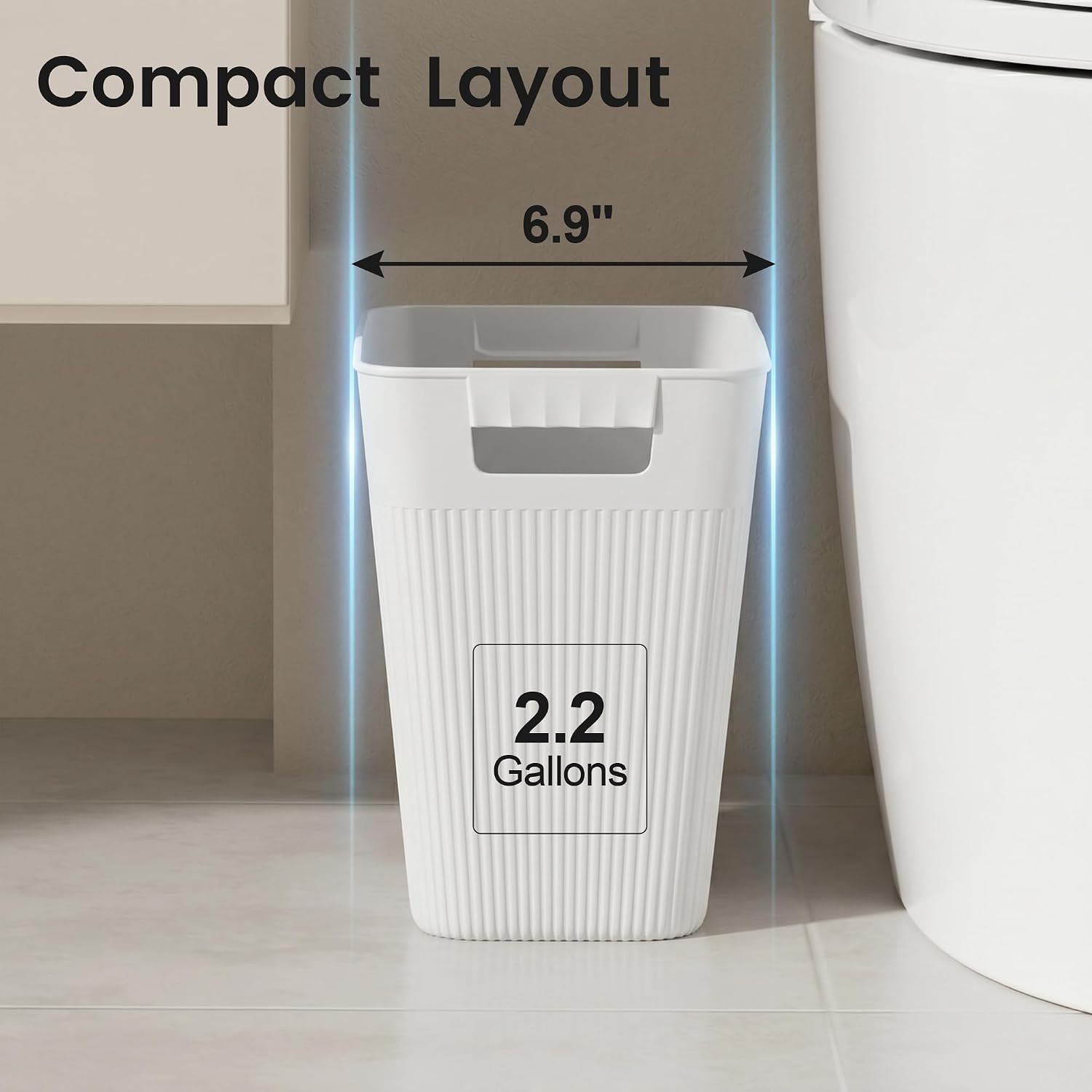 Slim Trash Can 3-Pack, 2.2 Gallon Plastic Wastebasket for Bathroom, Bedroom, Office, Kitchen with 4 Rolls Bags, White