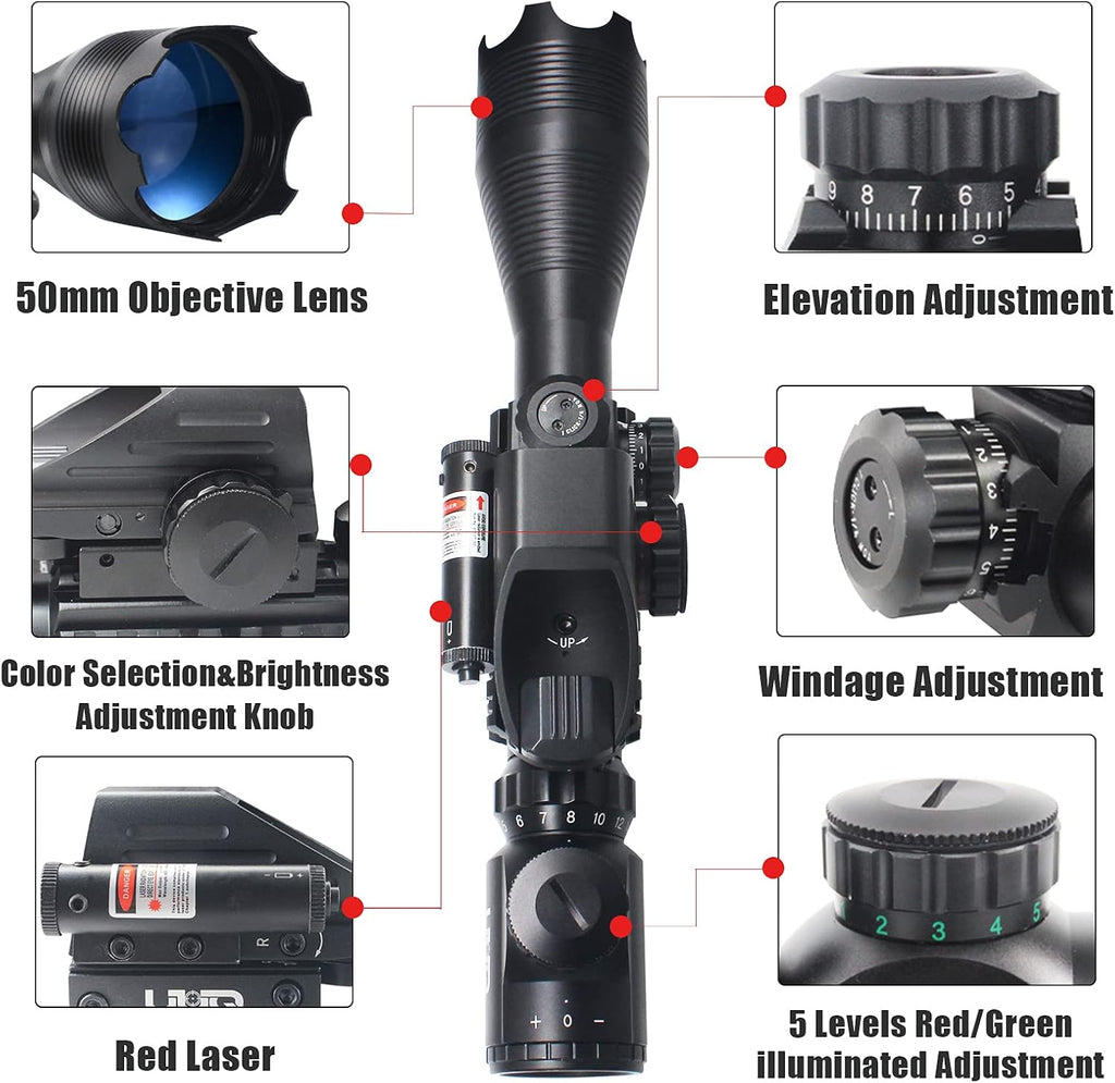 4-16x50 Tactical Rifle Scope Red/Green Illuminated Range Finder Reticle W/Laser Sight and Holographic Reflex Dot Sight
