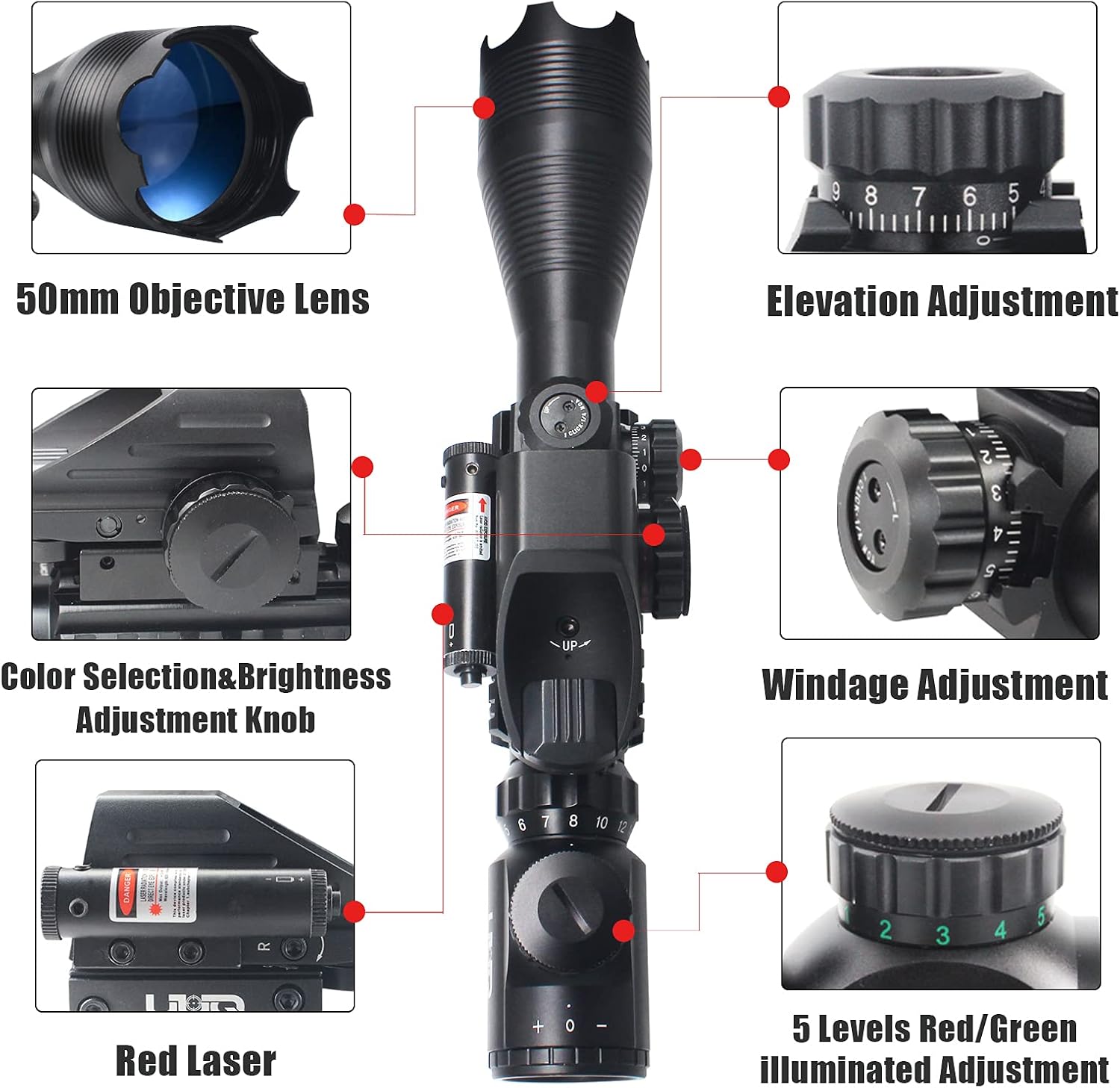 4-16x50 Tactical Rifle Scope Red/Green Illuminated Range Finder Reticle W/Laser Sight and Holographic Reflex Dot Sight