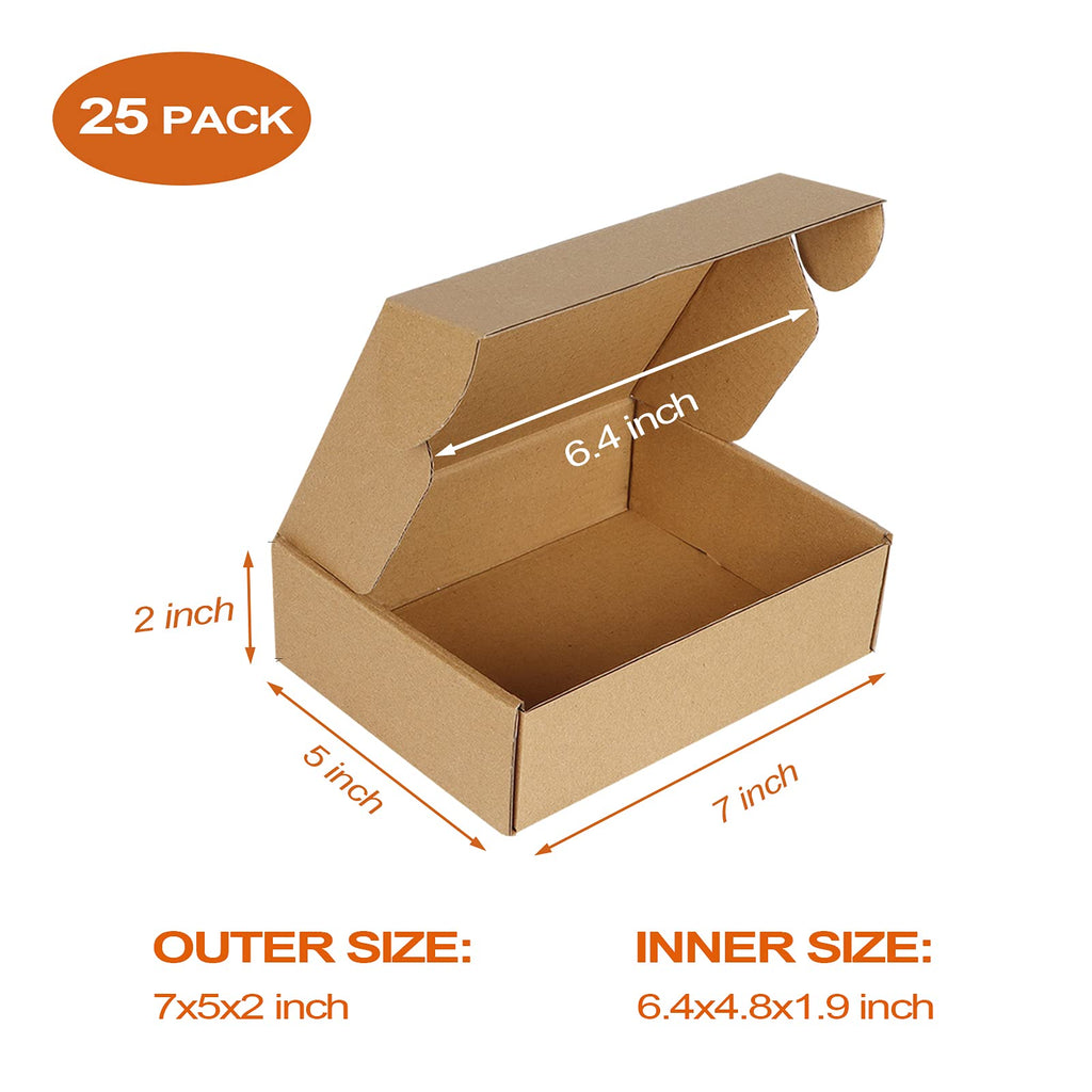 25 Pack 7x5x2 inch Small Shipping Boxes, Brown Mailing Boxes