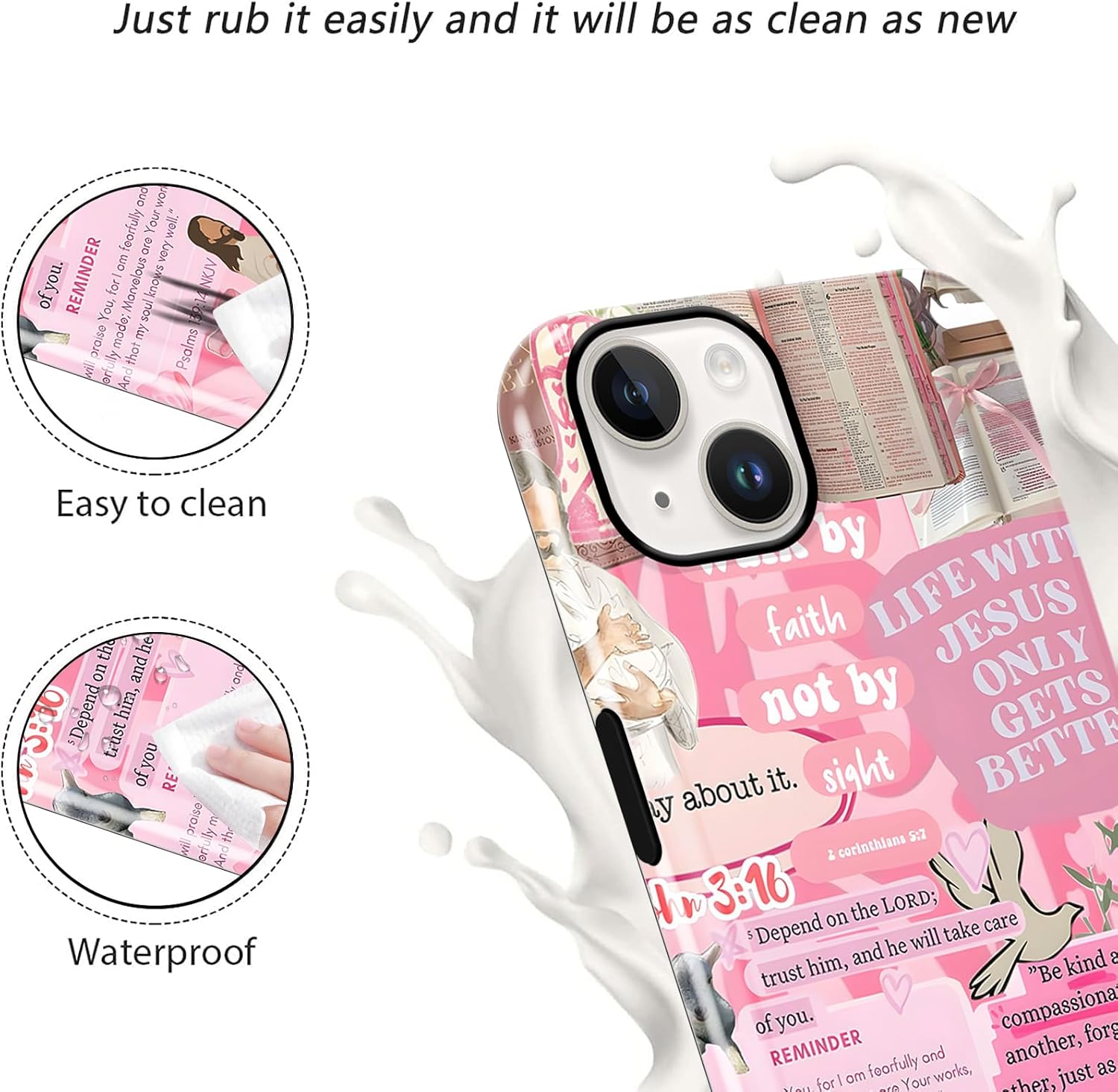 Pink Collage Jesus Quote Phone Case for iPhone 14/iPhone 13 6.1", Girly Bow Christian Bible Verse Design Cover for