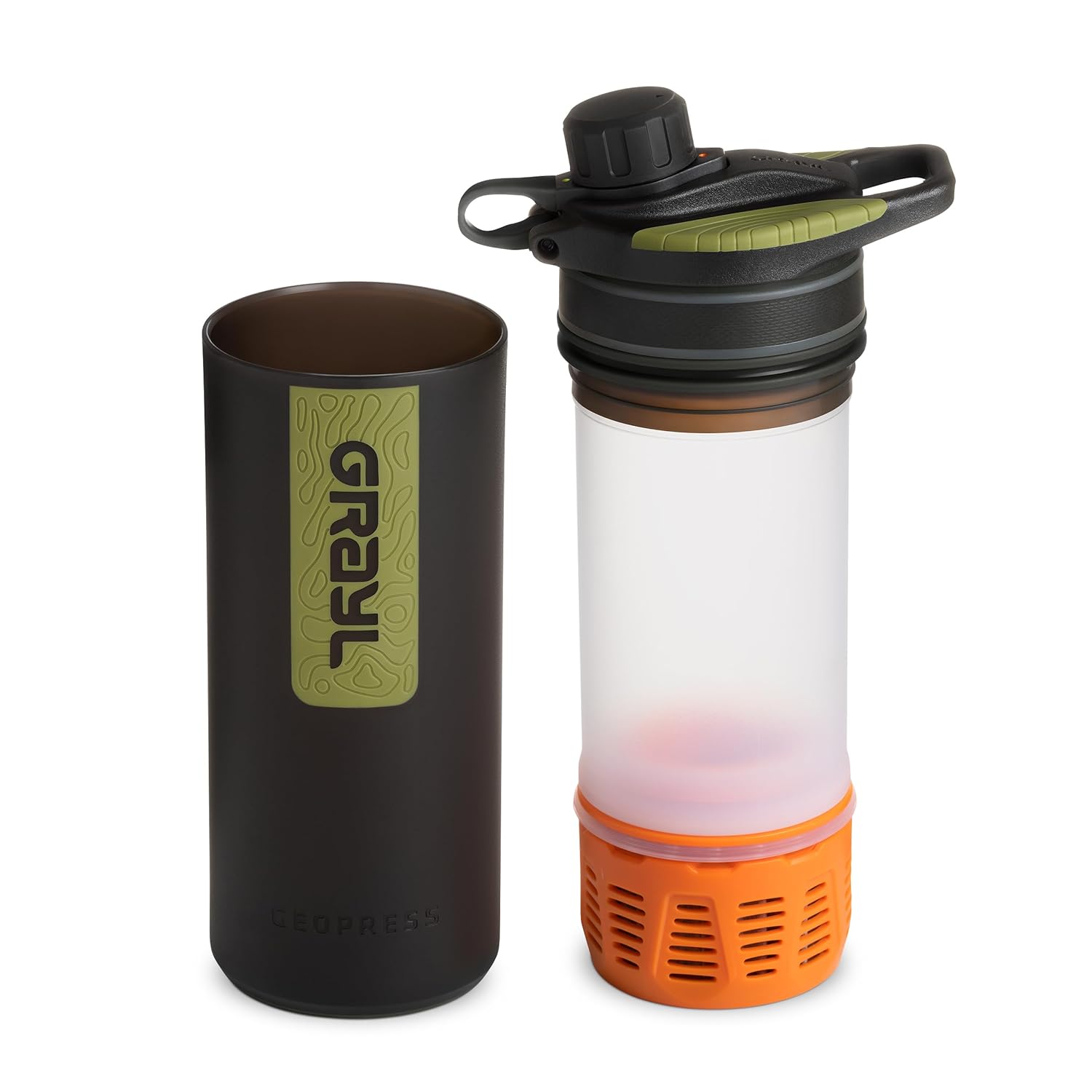 GeoPress 24 oz Water Purifier Bottle - Filter for Hiking, Camping, Survival, Travel (Black Camo)