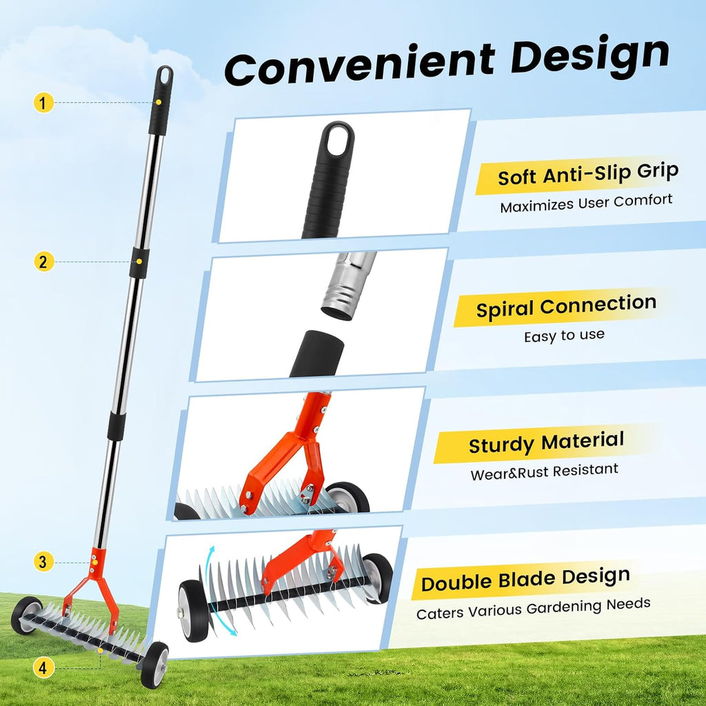 Thatch Rake with Wheels, 37-65.35'' Adjustable Dethatching Roller Rake Adjustable 0-12° Angle Stainless Steel Blades