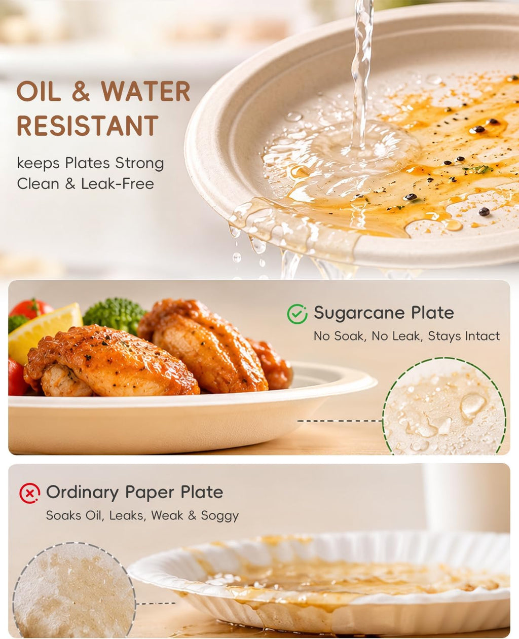 9 Inch Natural Compostable Sugarcane Paper Plates,100 Pack