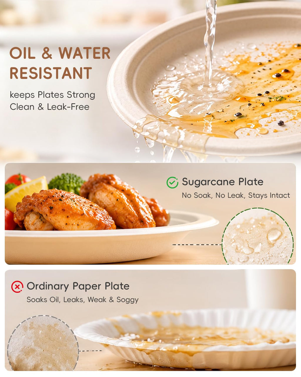 9 Inch Natural Compostable Sugarcane Paper Plates,150 Pack