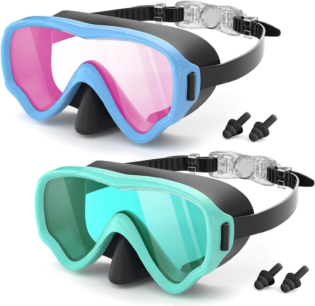 2 Packs Kids Goggles with Nose Cover, 180° Wide View Swimming Goggles for Kids 4-16, No More Hair Snags Anti-Fog