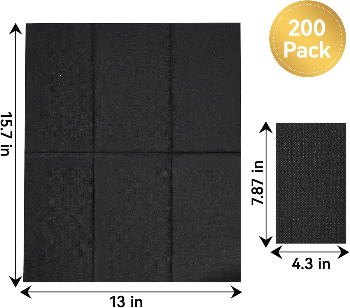 200 Pack Black Paper Napkins, 3 Ply, 7.8x4.3 inch (Folded)