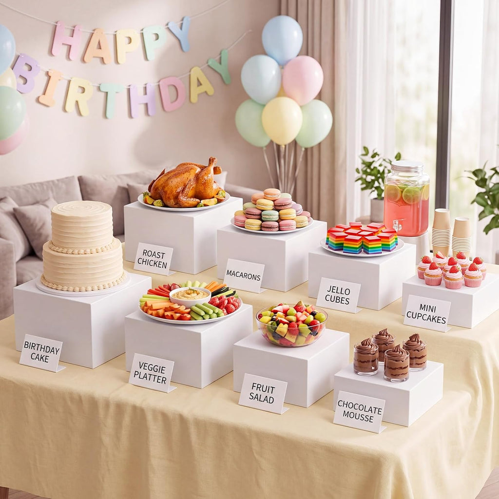 8 Pcs White Acrylic Buffet Risers with Mini Sign Marker(5" 6" 7" 8") | Food Dessert Display Stand, Decorative Cube Box