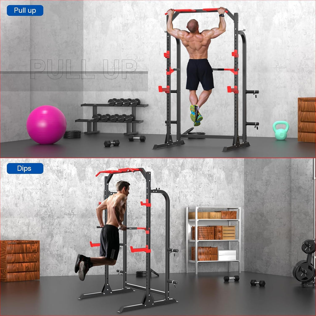 Power Cage Squat Rack, Power Rack with Pulley System, Adjustable Cable Crossover System, J-Hooks, Dip Handles, Weight