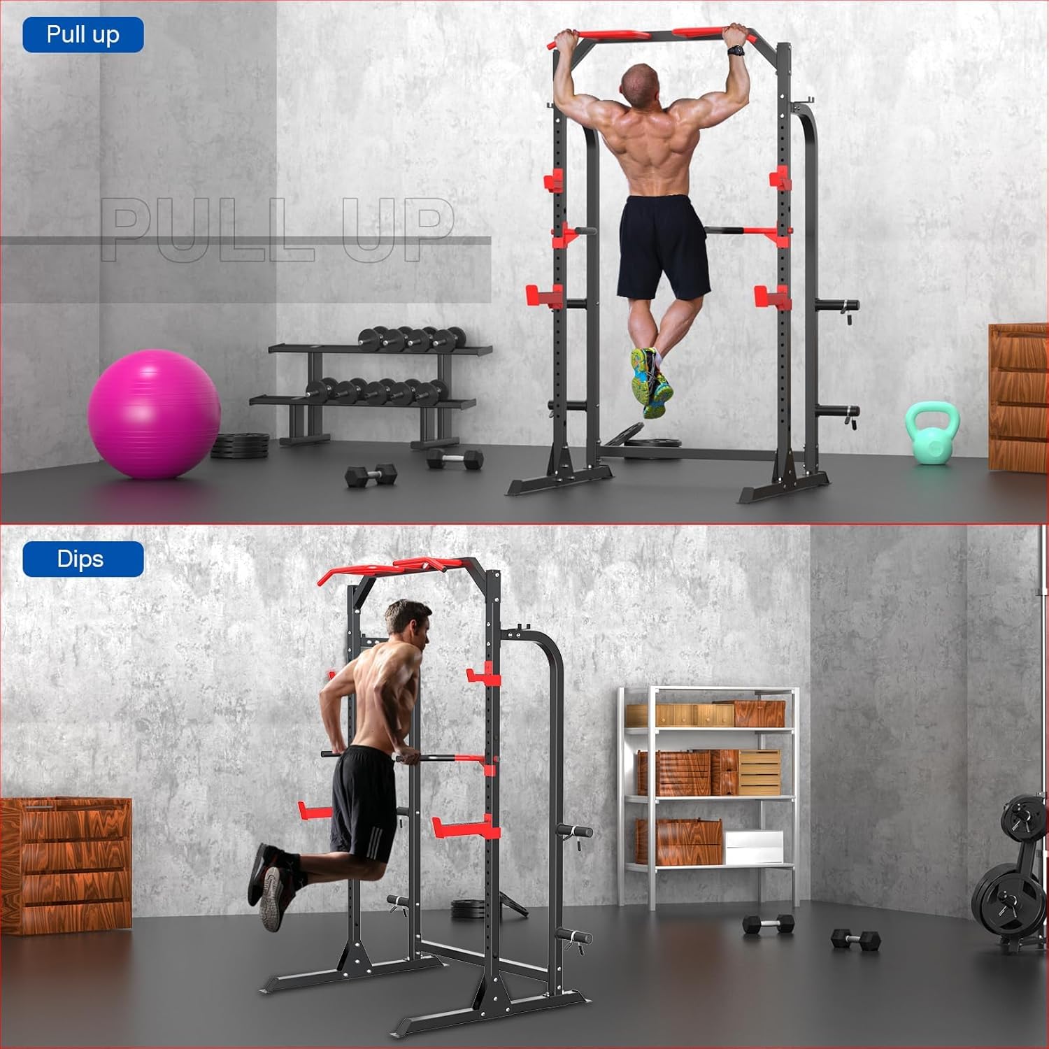 Power Cage Squat Rack, Power Rack with Pulley System, Adjustable Cable Crossover System, J-Hooks, Dip Handles, Weight