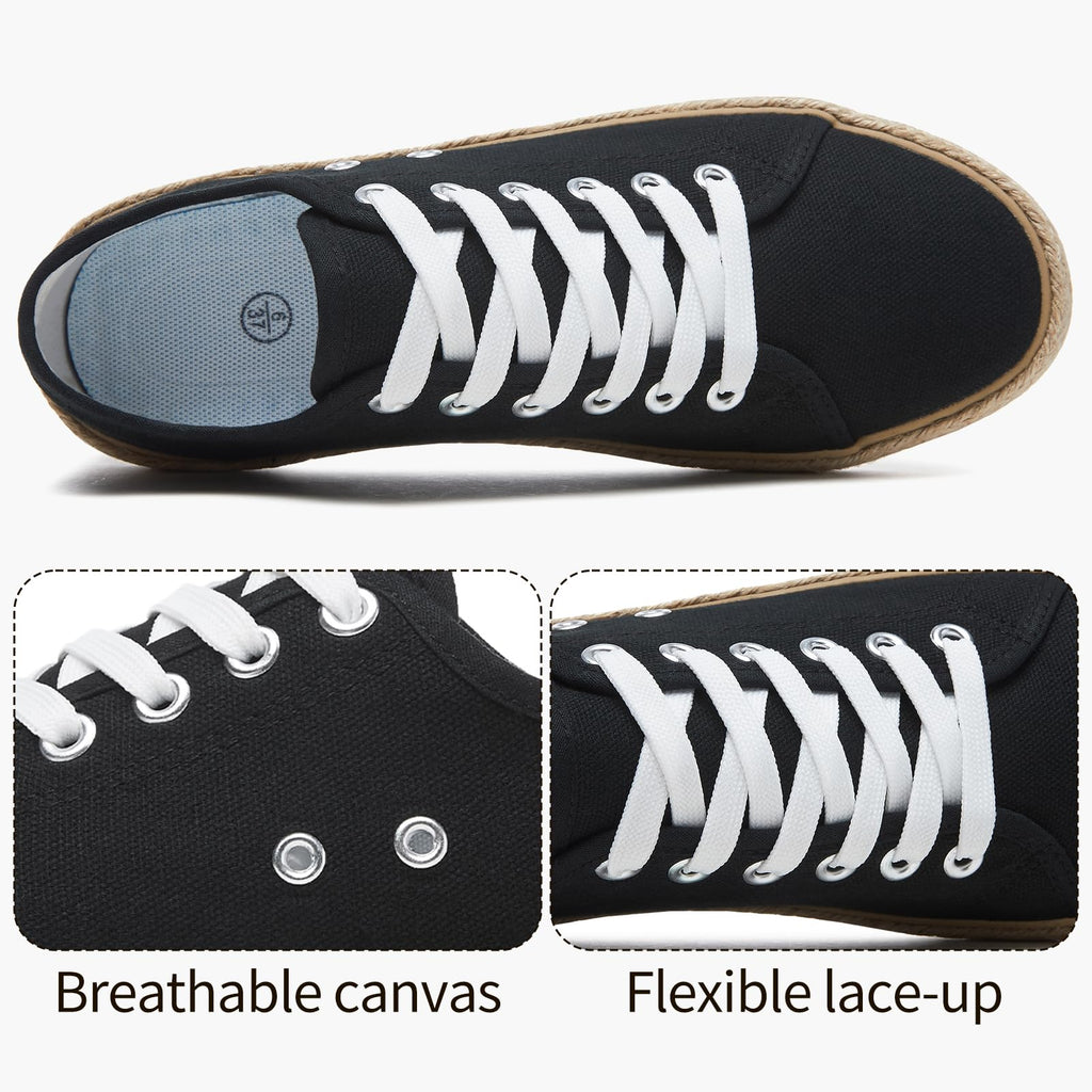 Women's Canvas Sneakers, Low Top Lace Up with Cushion(Black.US08.5)