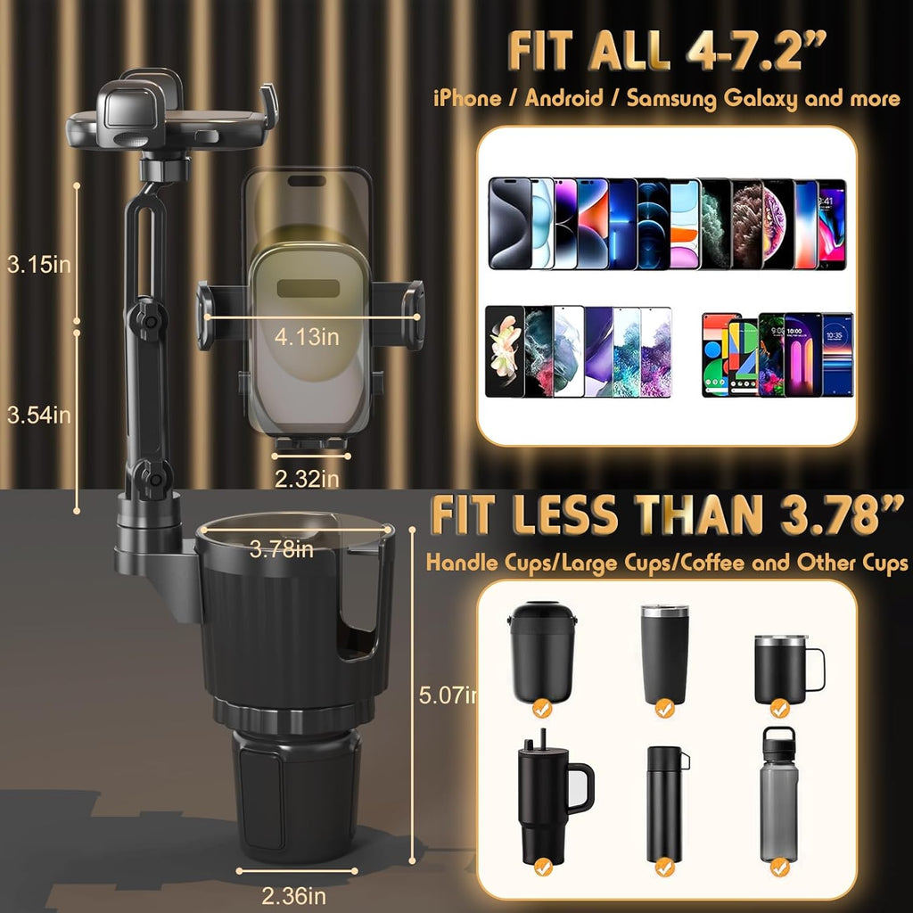Phone Holders for Your Car, 2 in 1 Universal Cup Holder Expander Adjustable Base with Phone Mount, Long Arm with