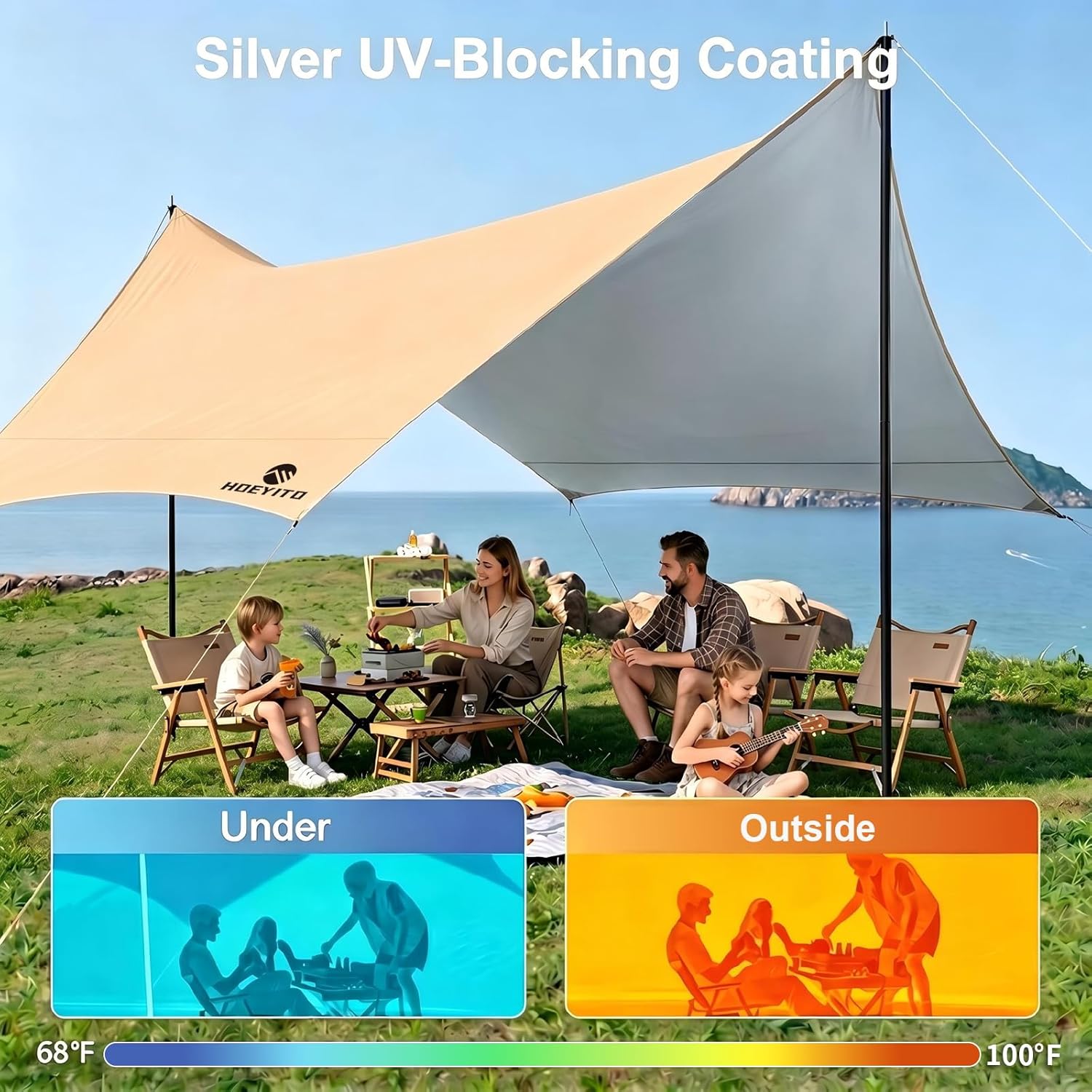 Camping Tarp with Poles & Retainer, 14.5x11FT PU9000mm Waterproof 210D Oxford Cloth Camping Awning, UV Blocking Rate