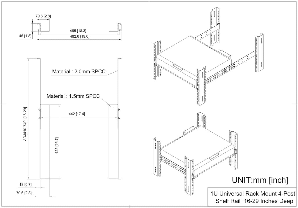 1U Universal Rack Mount Rails- 4-Post 16-29" Adjustable Depth