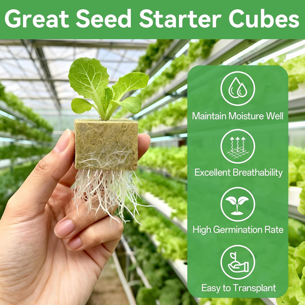 1" Rockwool Cubes, 2Sheets of 100 Rock Wool Seed Starter Plugs | Ideal for Hydroponic Seed Germination & Cuttings