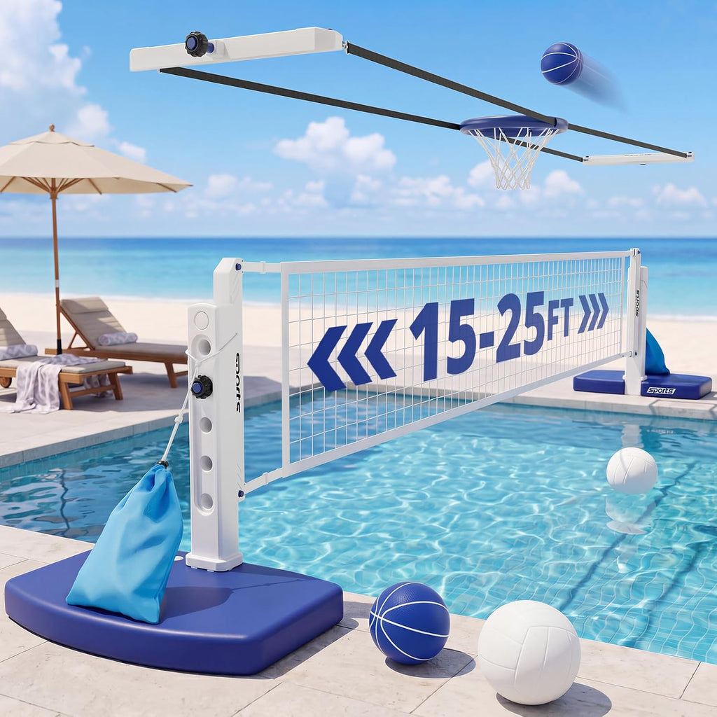 2 in 1 Pool Volleyball Net & Basketball Hoop Set | Adjustable Swimming Poolside Net for Inground Pool, Summer Outdoor