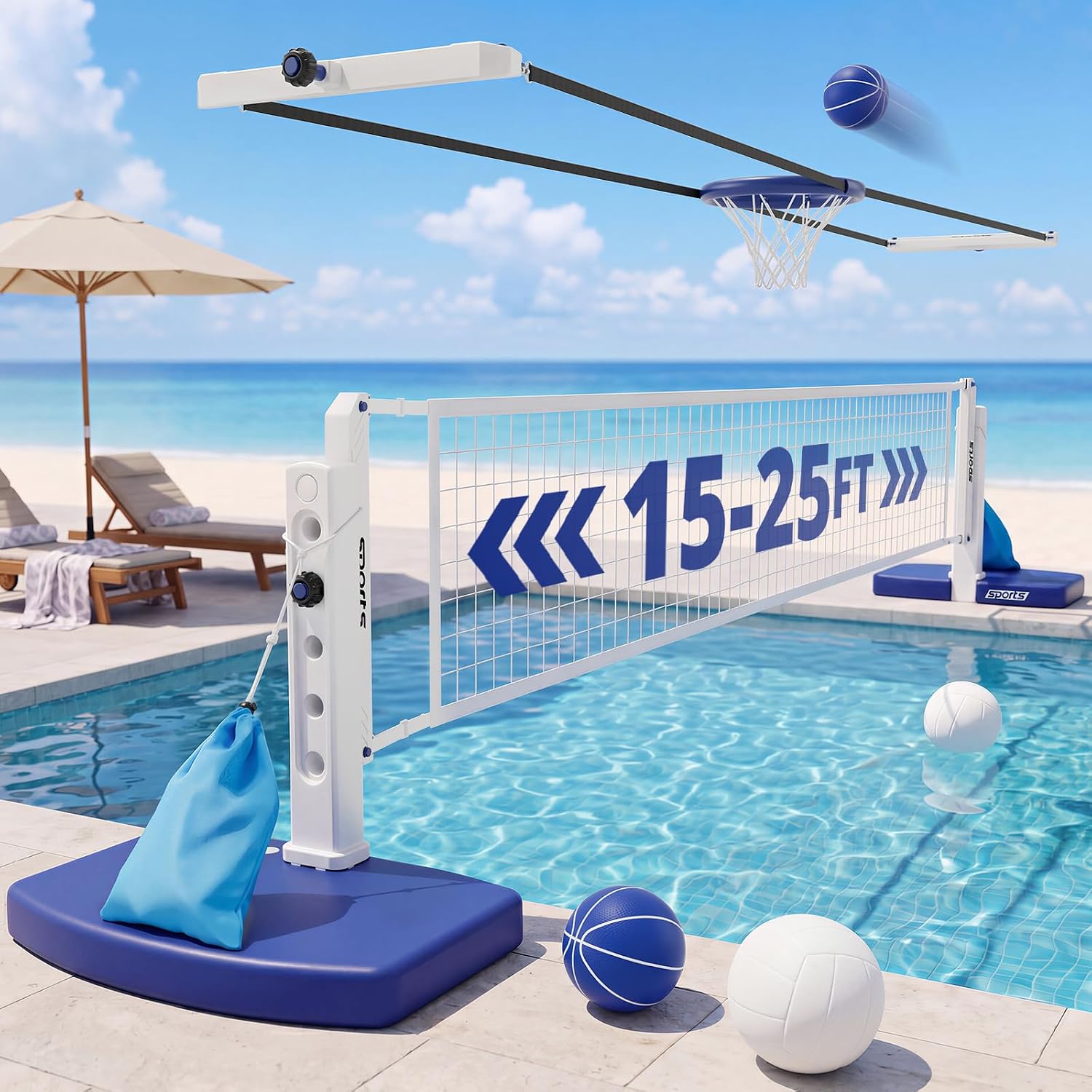 2 in 1 Pool Volleyball Net & Basketball Hoop Set | Adjustable Swimming Poolside Net for Inground Pool, Summer Outdoor