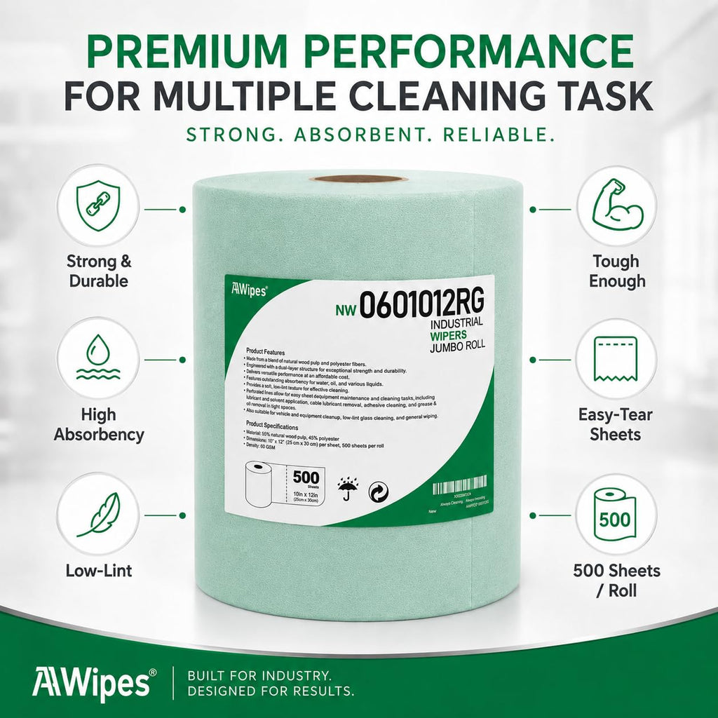 Cleanroom Wipes Roll, 10x12" 500 Sheets Green, Cellulose Polyester