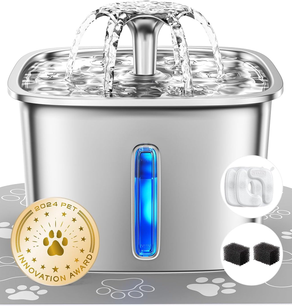 Innovation Award Winner Stainless Steel Cat Water Fountain, 95oz/2.8L Automatic Pet Fountain Dog Water Dispenser with