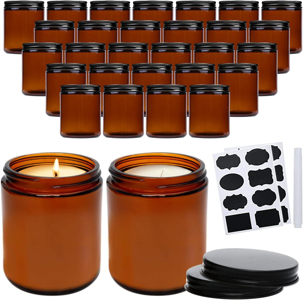 8oz Amber Candle Jars Set of 30,Round Glass Jars with Black Lids,Empty 250ml Glass Candle Making Jar Bulk Thick Small