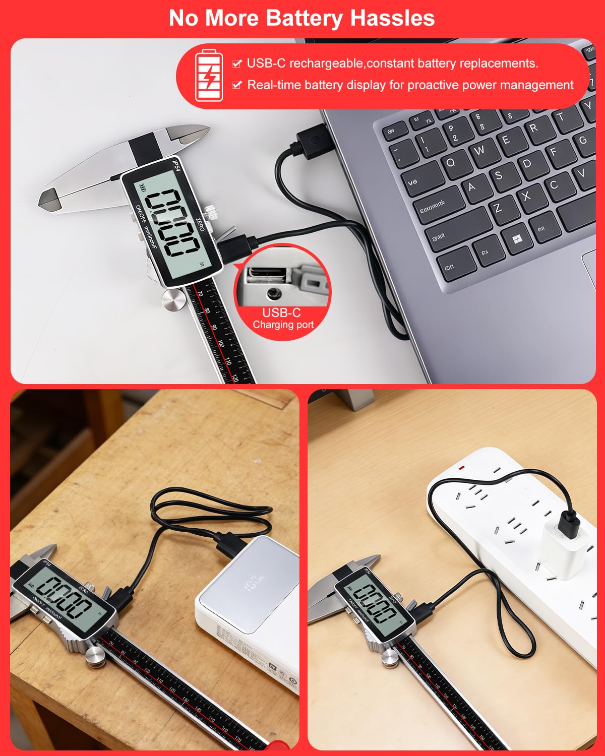 GODESON 8" USB-C Rechargeable Digital Caliper 0.001" Precision