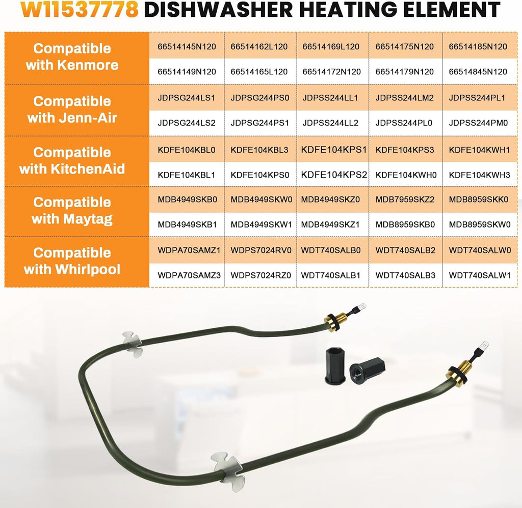 W11537778 Dishwasher Heating Element Replacement for Whirlpool, Kenmore, KitchenAid, Maytag - Replaces W11538351, W11412298, W11047695, W11536143, W11536777