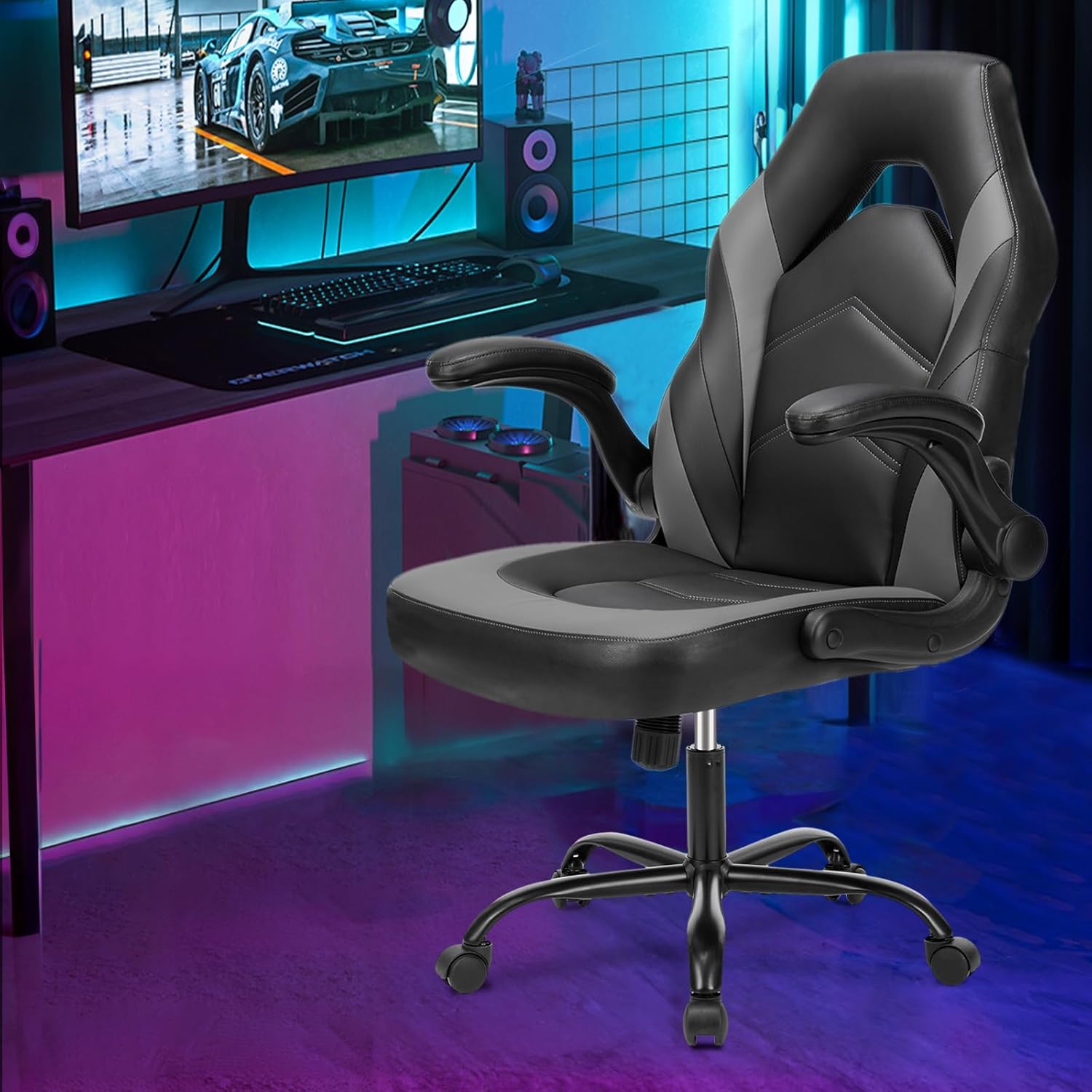 Computer Gaming Desk Chair - Ergonomic PU Leather with Comfy Lumbar Support, Height Adjustable Rolling Desk with