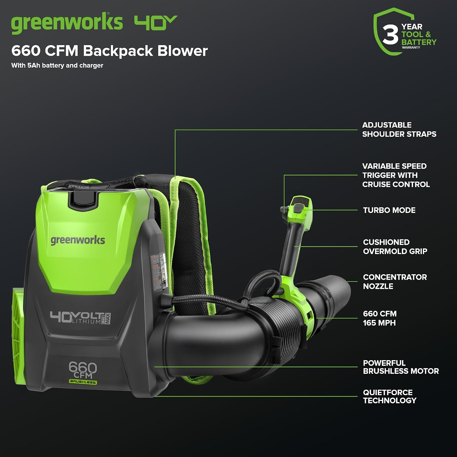 40V Backpack Leaf Blower, 660 CFM, 5.0 Ah Battery and Charger