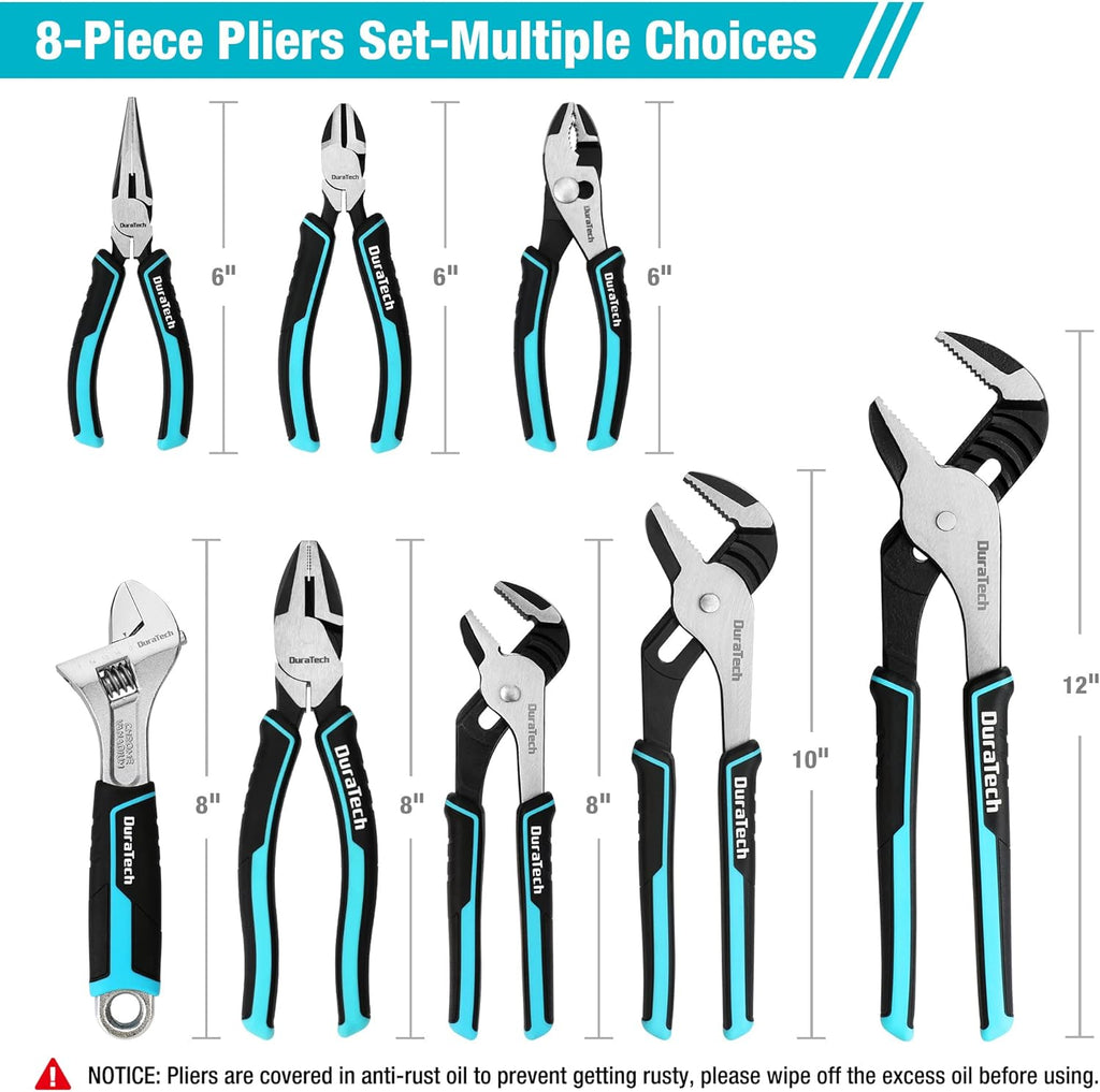8-Piece Pliers Set with Rolling Pouch, Premium Cr-V/Cr-Ni Construction, (12", 10", 8" Groove Joint Pliers, 8"