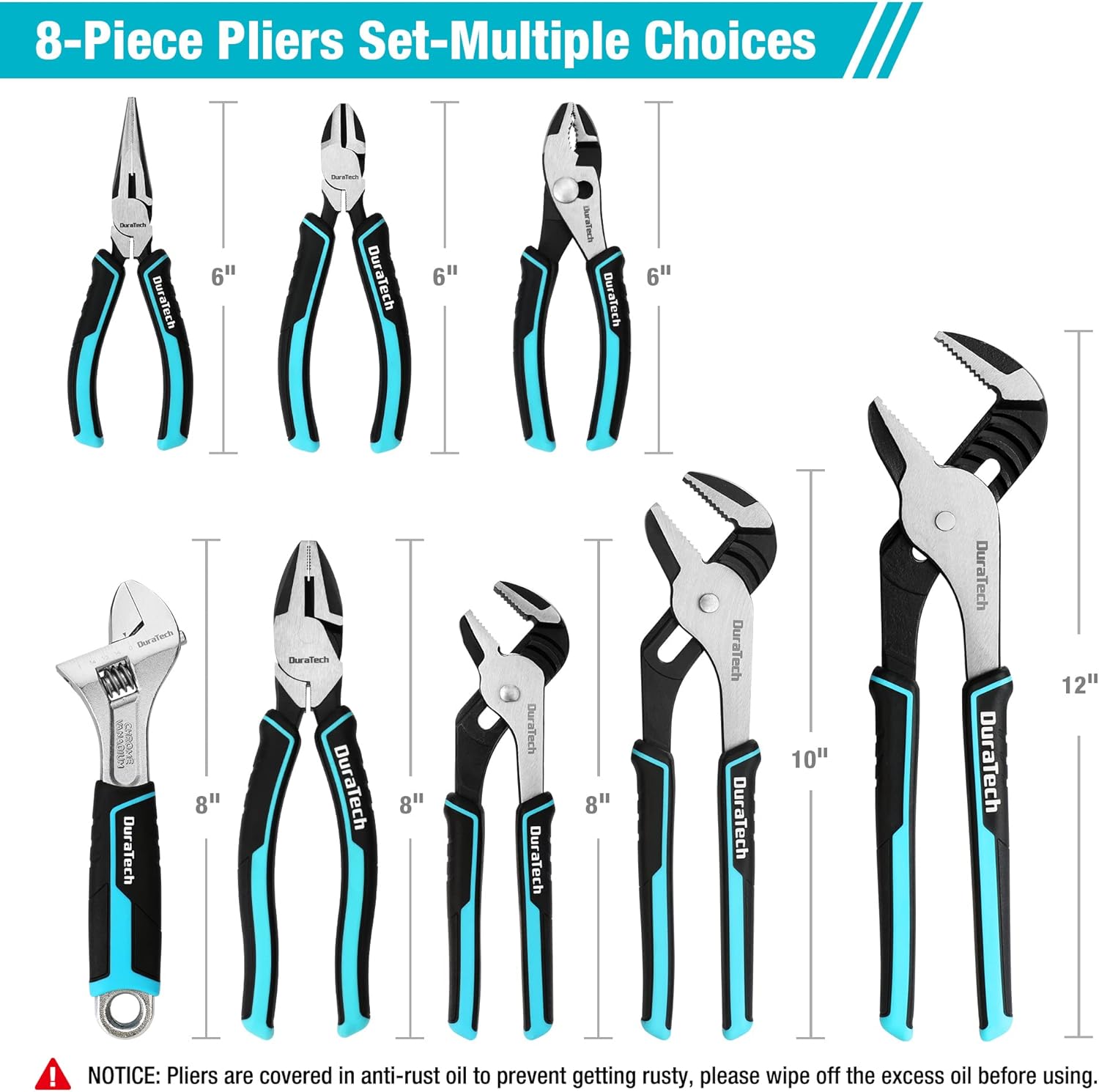8-Piece Pliers Set with Rolling Pouch, Premium Cr-V/Cr-Ni Construction, (12", 10", 8" Groove Joint Pliers, 8"