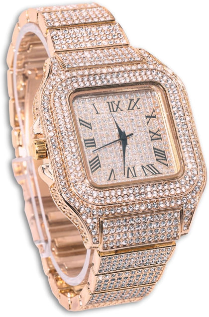 Diamond Watch for Men - 40mm Roman Numerals Square Dial - 18K Real Gold/Platinum/Rhodium Black/Rose Gold Plated 8.7"